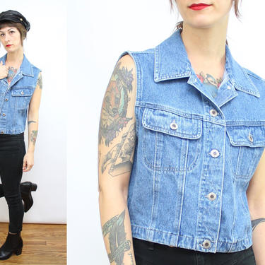 Vintage 90's Blue Denim Vest / 1990's Cut Off Sleeve Denim Jacket / Punk Rocker / Women's Size Small Medium by Ru