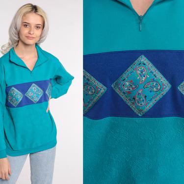 90s PAISLEY Sweatshirt Turquoise Quarter Zip Sweatshirt Blue Psychedelic Print 1990s Slouchy Shirt Vintage Medium 