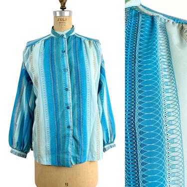 1980s Alex Colman aqua blue spiral striped print blouse - size XL - long sleeve blouse 