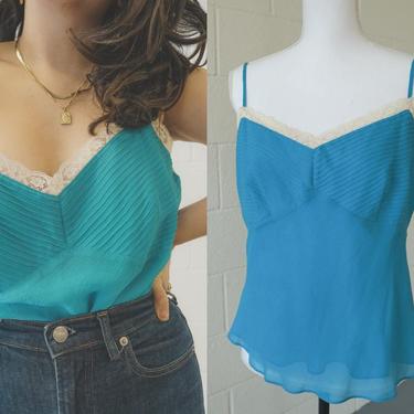 Vintage Ann Taylor 100% Silk Cami | Blue Lace Tank | Crepe Texture | Size 12 