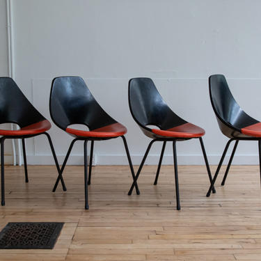 Set of Four Black-Orange Pierre Guariche Style Dining Chairs