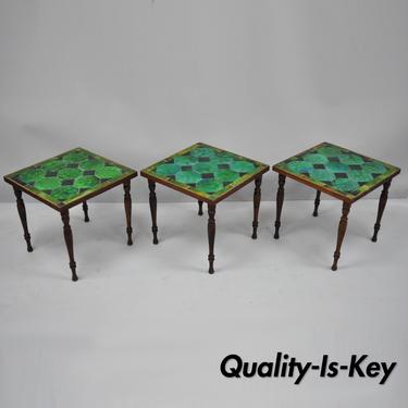 3 Mid Century Modern Green Tile Top Nesting Snack Side Tables