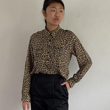 90s silk cheetah blouse  / vintage silk animal print cheetah cropped blouse epaulettes pocket shirt | M 