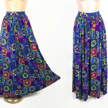 VINTAGE 70s Psychedelic Novelty Print Maxi Skirt With POCKETS | 1970s Long Peasant Skirt Bold Bright Colors Chartreuse & Purple | 28&quot; Waist 