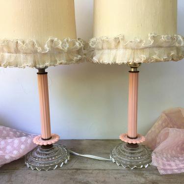 Vintage Boudoir Lamps, Pink Bakelite Or Plastic, Cut Or Pressed Glass, Shabby Chic, Boho, Art Deco 
