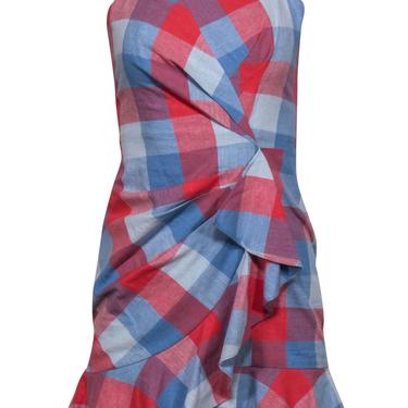 Parker - Blue & Red Checkered Sleeveless Ruffled Sheath Dress Sz 0