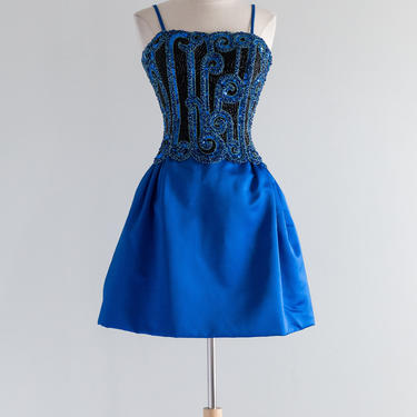 Vintage 80s Bob Mackie Beaded Blue Party Dress With Full Skirt And Fitted Bodice // Size 6 by xtabayvintage