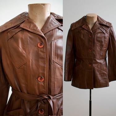 1970s Brown Leather Trench / Brown Leather Jacket / 70s Leather Jacket / Moto Jacket / Vintage Leather Jacket / 1970s Leather Trench 