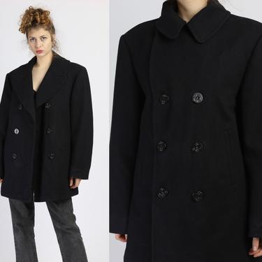 Vintage Black Wool Military Overcoat - Men's Large, 42R | 90s Menswear Classic Long Coat 