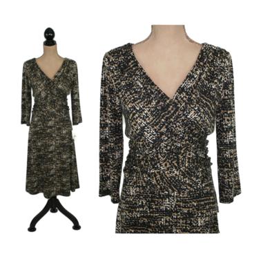 Earth Tone Abstract Print Midi Dress Medium, 3/4 Sleeve Knit V Neck A Line with Ruched Waist, Y2K Clothes Women Vintage 
