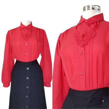 Vintage Embroidered Blouse, Large / Red Jabot Collar Button Blouse / Pleated Cocktail Blouse / Womens Classic Long Sleeve Dress Shirt 