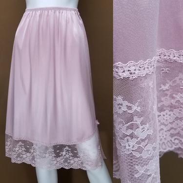 Vintage 70s Pink Slip Lingerie ~ Vanity Fair ~ Broad Sheer Lace Hemline ~ Long Skirt Dress Slip ~ Silky Shiny Nylon ~ Pinup Style ~ Small 
