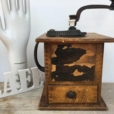 Antique Wood Coffee Grinder With Shannon Clip Cast Iron Works, Dove Tail Joinery, Farmhouse Kitchen 