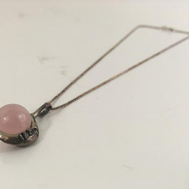 Vintage Sterling Silver Necklace Rose Quartz Moon Pendant 925 16 inch Chain Pale Pink Celestial Art Nouveau Mineral Stone Modern Boho Style 