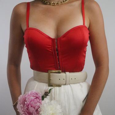 Vintage Bustier Corset Top - Cherry Red Lace Up Back Buster Top - Removable Adjustable Straps - 34B/34C 