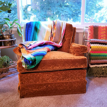 FREE SHIPPING! Vintage Knitted Rainbow Afghan Blanket | Comfy Long Boho Throw | MCM Striped Colorful Yarn: Green, Yellow, Red, Brown, White 