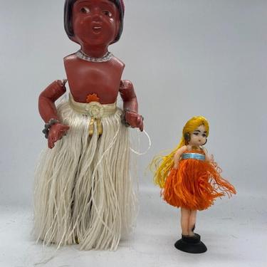 Large Celluloid and Tin Dancing Hula Girl Wind-up Toy with Blonde 1950s Hula Girl Set 