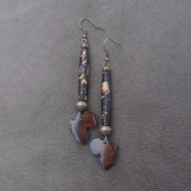 Carved bone earrings, Afrocentric African earrings, bold statement earrings, ethnic earrings, batik print earrings, long exotic earrings 