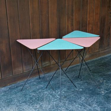 4 Mid-Century Triangular Patio Folding Table Tray Iron Masonite Vintage 1950s Outdoor Cocktail Pedestals Triangle Pink Teal Danish Style 