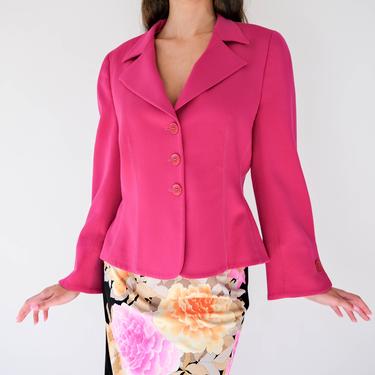 Vintage 90s Giorgio Armani Fuchsia Pink Wool Gabardine Blend Cropped Blazer | Made in Italy | 1990s Armani Designer Three Button Crop Jacket 
