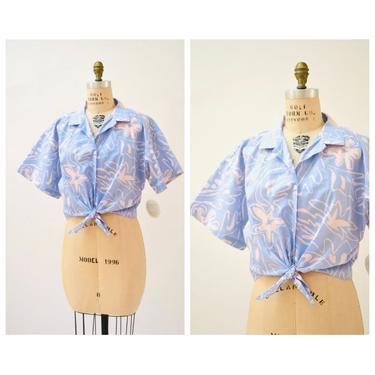 80s Vintage Hawaiian Print Shirt Tropical Crop top Shirt Hilo Hattie Large XL PLus size // Vintage Hawaiian Shirt Blue Pink Made in Hawaii 