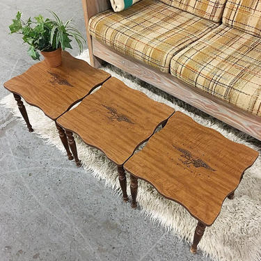 LOCAL PICKUP ONLY Vintage End Tables Retro 1970s Wood Stacking Coffee Table Set of 3 Matching Colonial Spindle Leg Square Tables with Eagle 