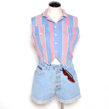 Vintage 80's Stripe CUT-OUT Button Up Blouse Sz M 