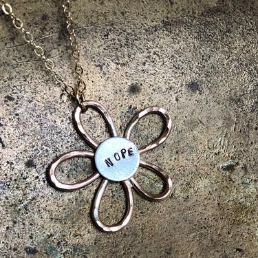 Nope Daisy Pendant Snarky Flower Necklace - Two Toned Gold and Silver Handmade Flower Pendant 