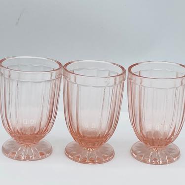 Vintage (3)   Pink Ribbed Depression Juice Footed Glasses Tumblers 