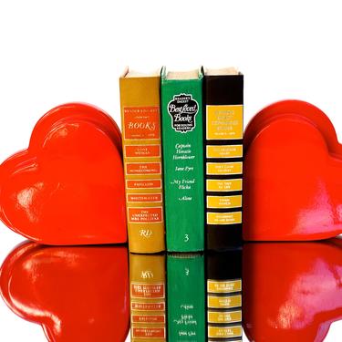 Fitz &amp; Floyd Red Heart Bookends || Rare Set of Modern Collectible Ceramic Figural Bookends Whimsical Color Pop Home/Office Accents 