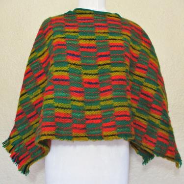 Vintage 60s Woven Ruana Colombian Poncho, One Size Women, multicolor wool blend, fringe trim 