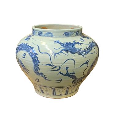 Chinese Vintage Blue White Porcelain Dragon Round Fat Body Pot ws1924E 