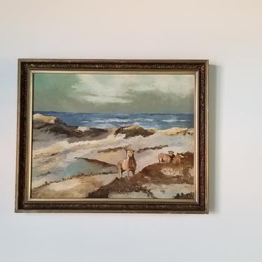1970 Vintage Lulu Ocean Landscape With Sheep Abstract Painting. 