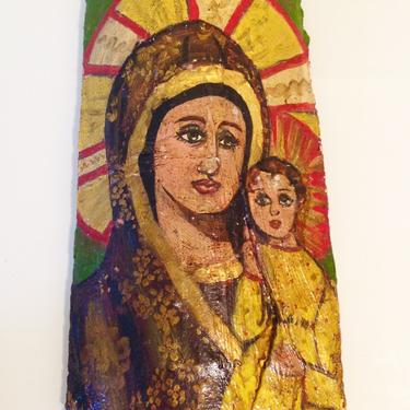Vintage Oil on Curved Ceramic Madonna and Child Folk Art Icon 16&amp;quot; 