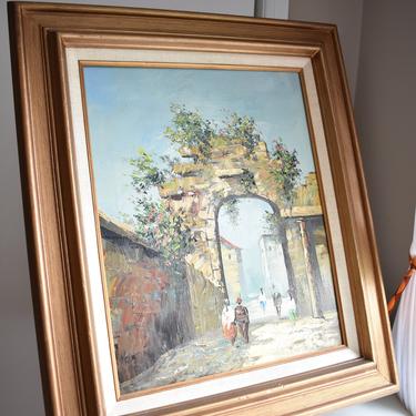 Vintage Art Large Framed Southwestern Oil Painting Vertical Dirt Street Scene | Arched Stone Gateway | Decorator Home Art Series | Mexico? 