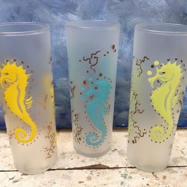 Vintage Frosted Seahorse High Ball Glasses By Federal, Tropical Drinks, Tall Frosted Tumblers, Summer, Pool Party 