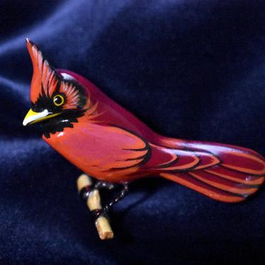 Vintage Takahashi Lacquered Cardinal Pin - Small Brooch - Bird Lover - Hand Painted Carved Lacquered Wood Pin | FREE SHIPPING 