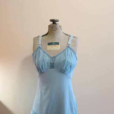 Vintage pinup lingerie Slip dress 1950s chiffon ruffle Pantone color shaded spruce blue green 32 S 
