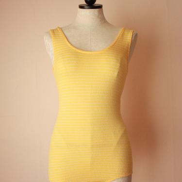 70s Yellow and White Striped Terrycloth Bodysuit Swimsuit Size S / M 