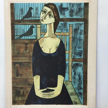 Vintage Signed Lithograph, Expressionist Style, Seated Girl With Birds In Cage, Expressionism Portrait, Nouvelle Gravure International 
