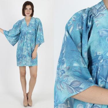 Turquoise Kimono Sleeve Dress Angel Sleeve Dress Bohemian Vintage 70s Floral Kimono Bell Sleeve Boho Hippie Prairie Mini Dress 