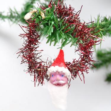 Antique Tinsel Wreath Ornament with Santa Head, Vintage Christmas Tree Decor 