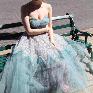 Vintage 1950s Tulle Prom Wedding Ballgown Burlesque Rockabilly Blue Dress Princess XS 