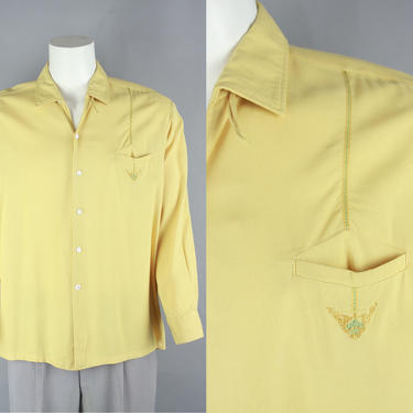 1950s Rayon Top Loop Shirt | Vintage 50s 'Towncraft' Yellow Casual Long Sleeved Shirt | XL 