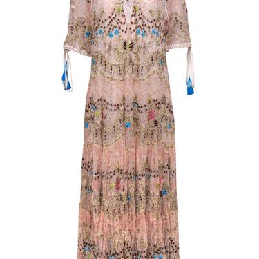 Free People - Peach & White Bohemian Print Maxi Dress w/ Floral Embroidery Sz M