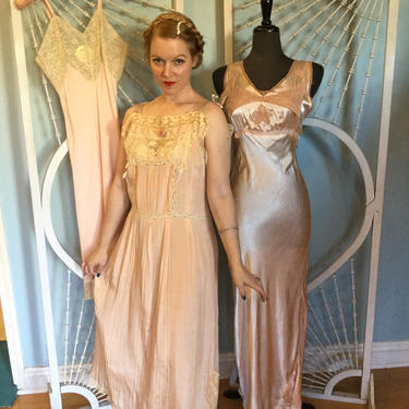 Vintage 1920s Pink Silk and Lace Negligee Nightgown - Large 
