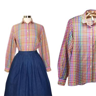 Vintage Rainbow Plaid Blouse, Extra Small Petite / Multi Colored Button Blouse / Womens Country Western Shirt / 1950s Style Rockabilly Shirt 
