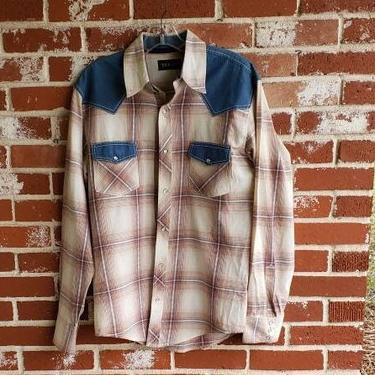 Vintage 80s/90s Ely 1878 Plaid Pearl Snap Cotton Western Shirt Contrast Yoke Med 