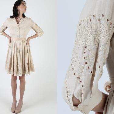 Cream 50s Eyelet Dress / 1950s Rockabilly Full Skirt Dress / Vintage See Through Cut Out Embroidered Sleeves / Plain Mini Dress 