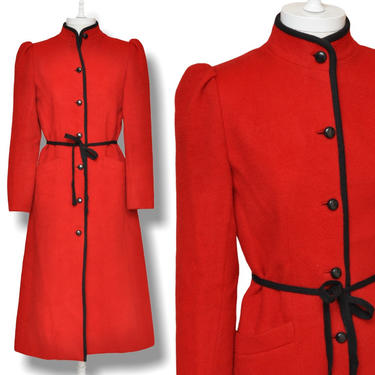 Vintage 1960’s Women’s Red Wool Coat with Black Trim Size Small Long Winter Coat 